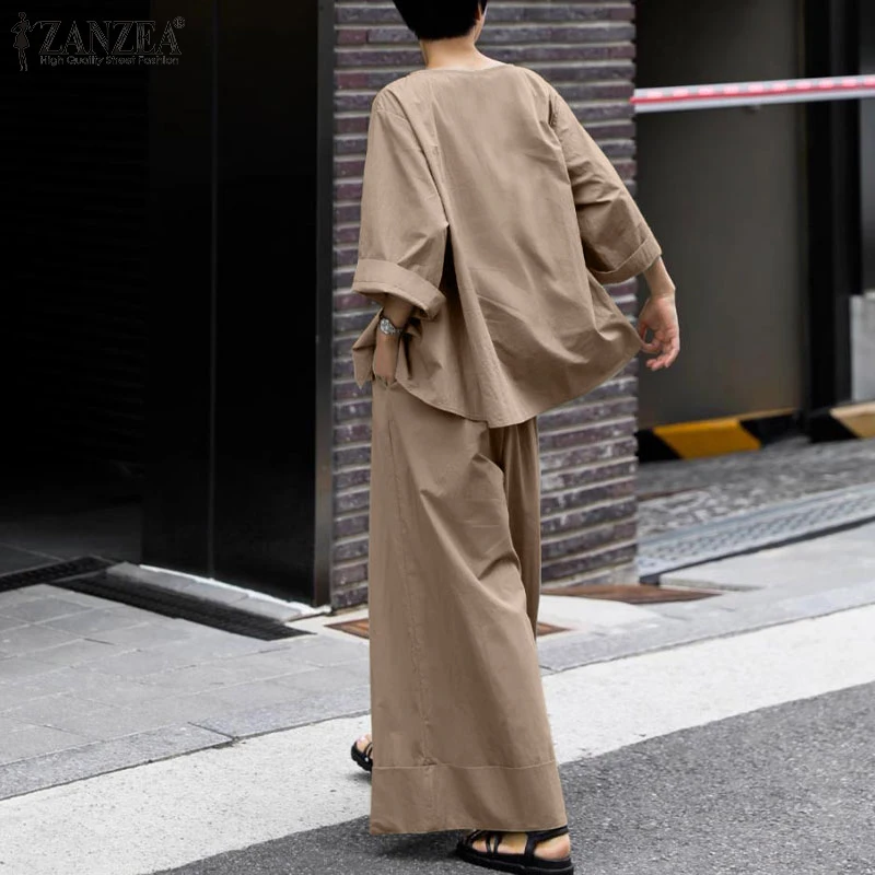 ZANZEA 2025 Spring Loose 2-Piece Sets Women Streetwear Wide Leg Trouser Pant Sets Casual Ruched Hem Blouse Solid 2pcs Outfits