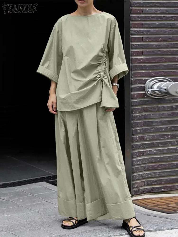 ZANZEA 2025 Spring Loose 2-Piece Sets Women Streetwear Wide Leg Trouser Pant Sets Casual Ruched Hem Blouse Solid 2pcs Outfits