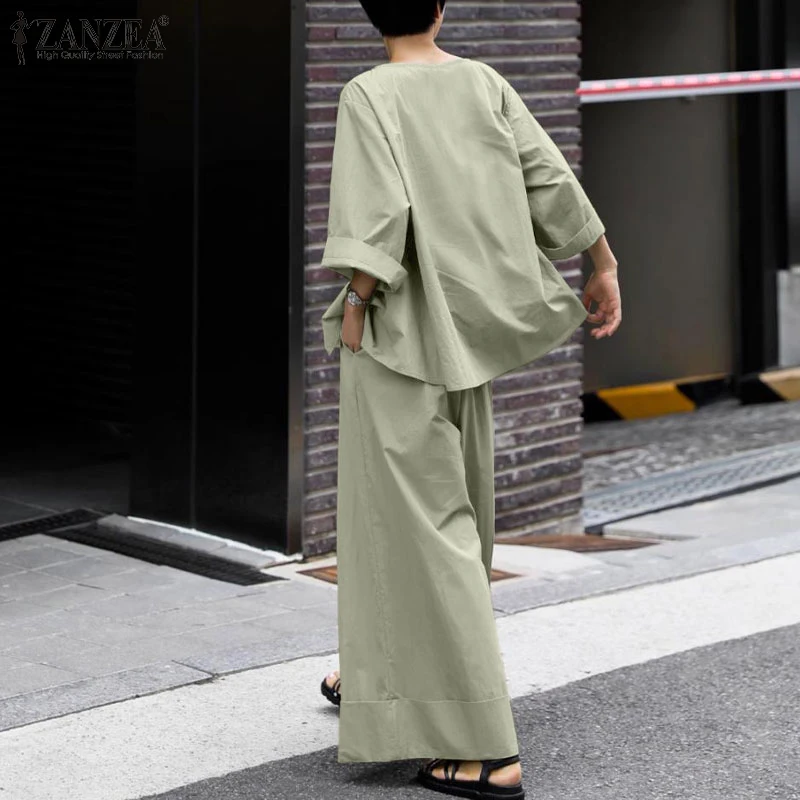 ZANZEA 2025 Spring Loose 2-Piece Sets Women Streetwear Wide Leg Trouser Pant Sets Casual Ruched Hem Blouse Solid 2pcs Outfits