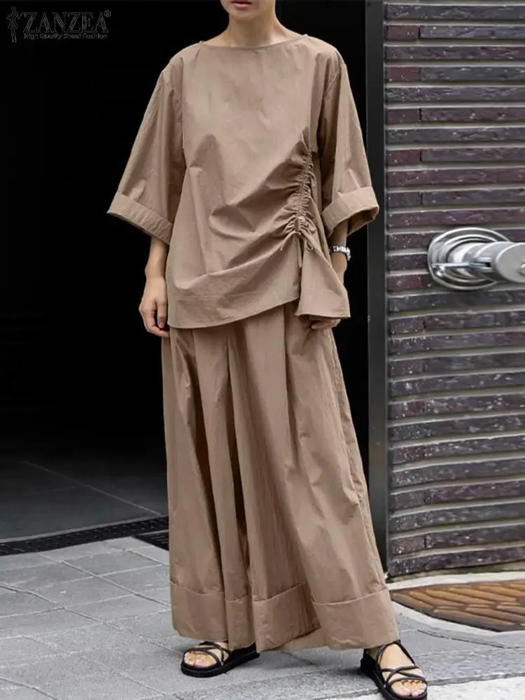 ZANZEA 2025 Spring Loose 2-Piece Sets Women Streetwear Wide Leg Trouser Pant Sets Casual Ruched Hem Blouse Solid 2pcs Outfits