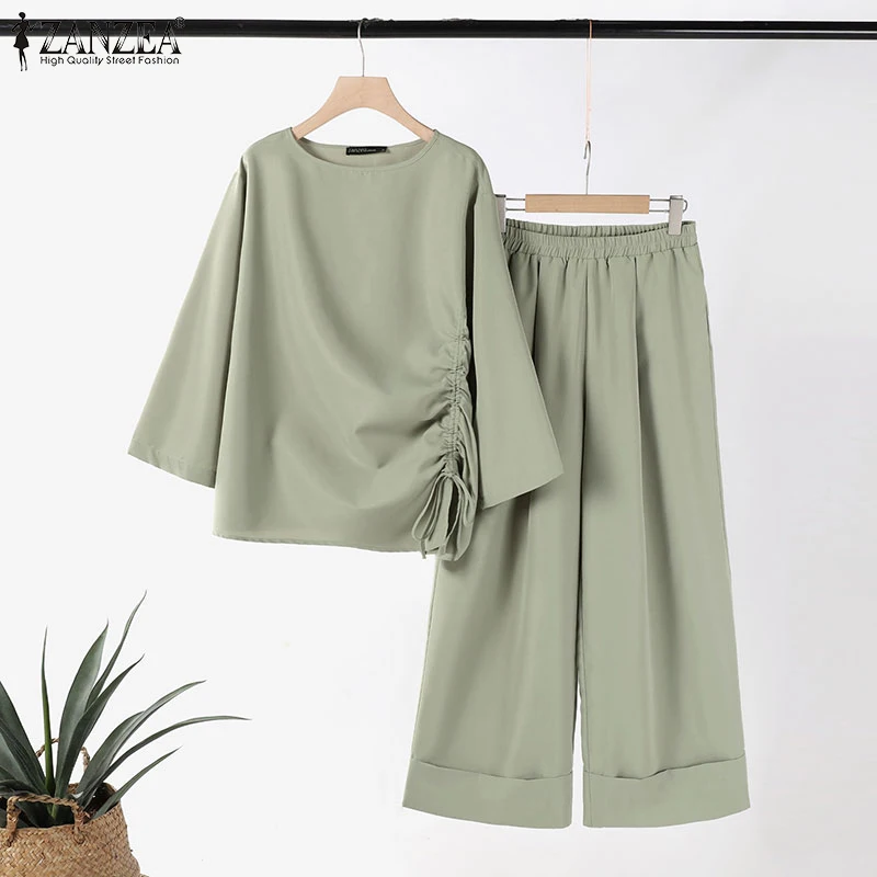 ZANZEA 2025 Spring Loose 2-Piece Sets Women Streetwear Wide Leg Trouser Pant Sets Casual Ruched Hem Blouse Solid 2pcs Outfits