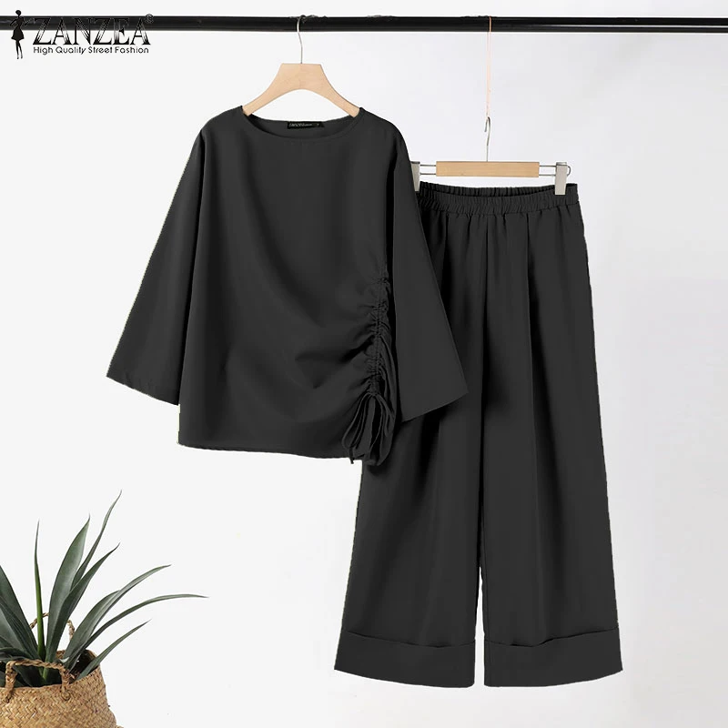 ZANZEA 2025 Spring Loose 2-Piece Sets Women Streetwear Wide Leg Trouser Pant Sets Casual Ruched Hem Blouse Solid 2pcs Outfits
