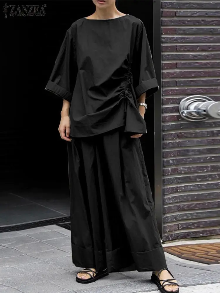 ZANZEA 2025 Spring Loose 2-Piece Sets Women Streetwear Wide Leg Trouser Pant Sets Casual Ruched Hem Blouse Solid 2pcs Outfits