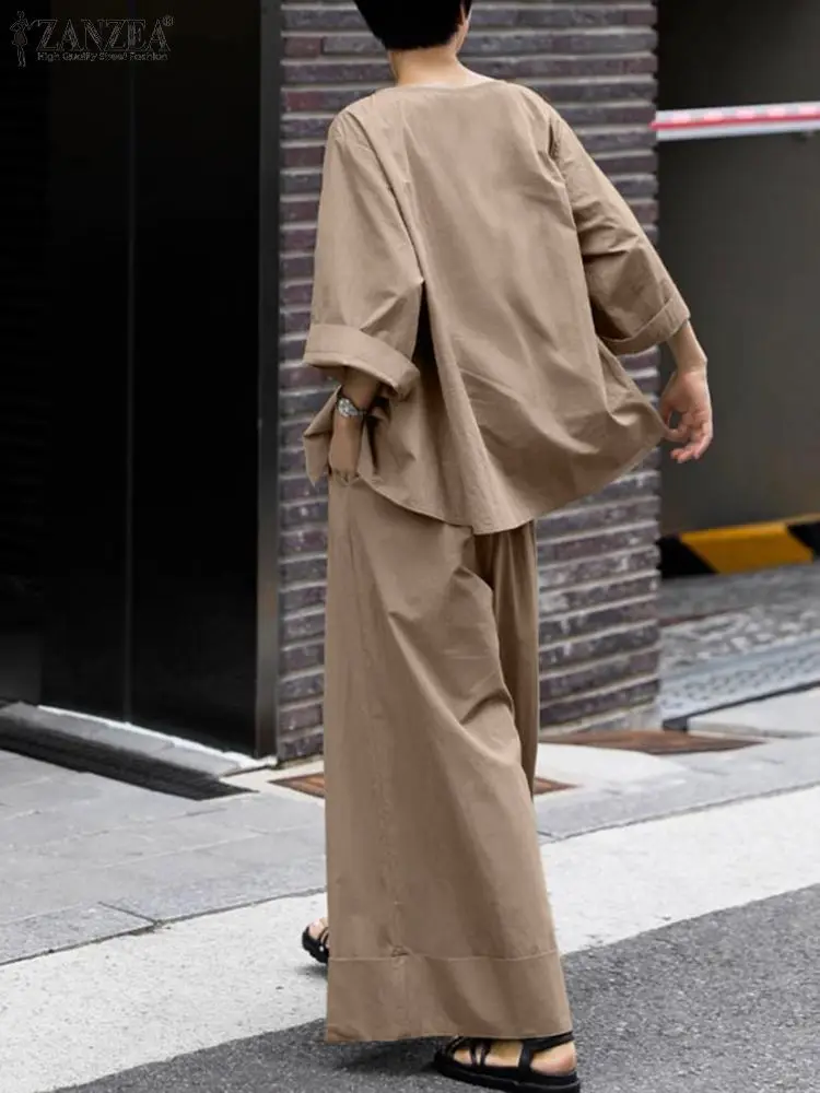 ZANZEA 2025 Spring Loose 2-Piece Sets Women Streetwear Wide Leg Trouser Pant Sets Casual Ruched Hem Blouse Solid 2pcs Outfits