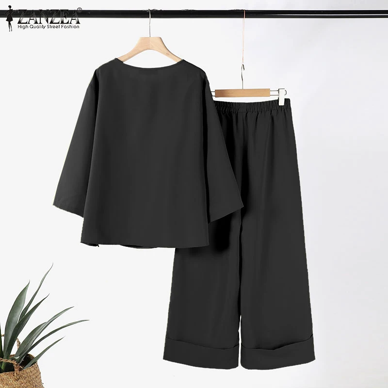 ZANZEA 2025 Spring Loose 2-Piece Sets Women Streetwear Wide Leg Trouser Pant Sets Casual Ruched Hem Blouse Solid 2pcs Outfits