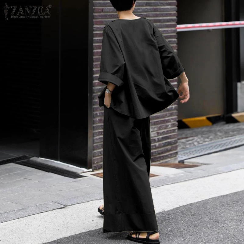 ZANZEA 2025 Spring Loose 2-Piece Sets Women Streetwear Wide Leg Trouser Pant Sets Casual Ruched Hem Blouse Solid 2pcs Outfits