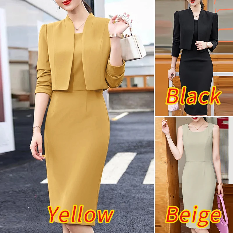 ZANZEA Elegant Women 2pcs Dress Sets Long Sleeve Short Blazer and Sleeveless Sheath Dress 2pcs Sets Autumn Classy Office Suits