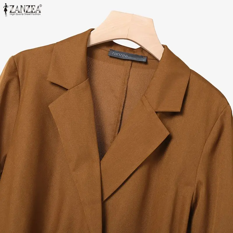 ZANZEA Women's Elegant Suits, Notch Lapel Long Sleeve Tie-Waist Blazer & Wide Leg Pants 2 Piece Sets Outfits, Effortless Clothes