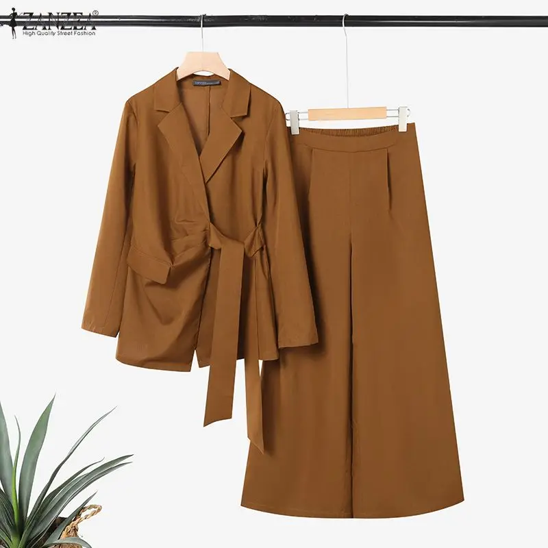 ZANZEA Women's Elegant Suits, Notch Lapel Long Sleeve Tie-Waist Blazer & Wide Leg Pants 2 Piece Sets Outfits, Effortless Clothes
