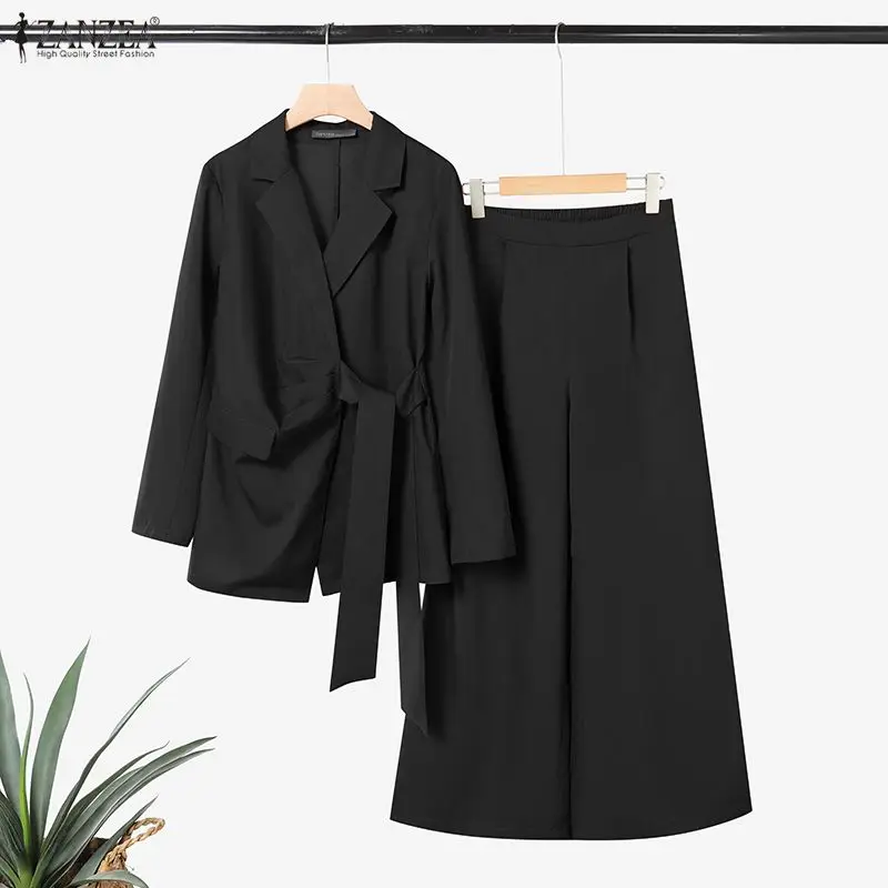ZANZEA Women's Elegant Suits, Notch Lapel Long Sleeve Tie-Waist Blazer & Wide Leg Pants 2 Piece Sets Outfits, Effortless Clothes