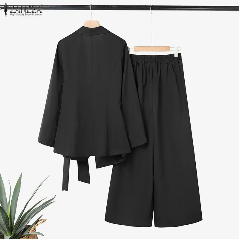 ZANZEA Women's Elegant Suits, Notch Lapel Long Sleeve Tie-Waist Blazer & Wide Leg Pants 2 Piece Sets Outfits, Effortless Clothes