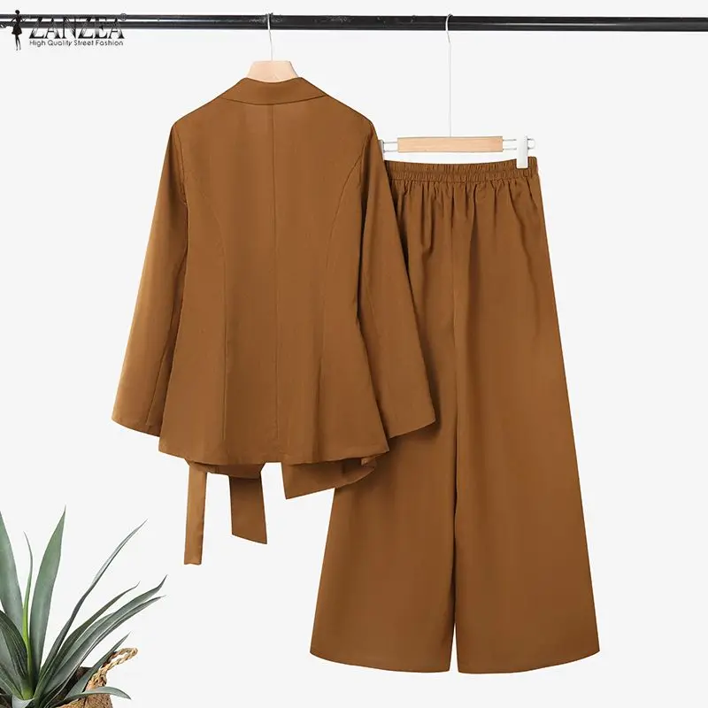 ZANZEA Women's Elegant Suits, Notch Lapel Long Sleeve Tie-Waist Blazer & Wide Leg Pants 2 Piece Sets Outfits, Effortless Clothes