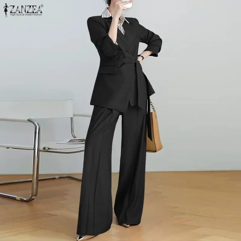 ZANZEA Women's Elegant Suits, Notch Lapel Long Sleeve Tie-Waist Blazer & Wide Leg Pants 2 Piece Sets Outfits, Effortless Clothes