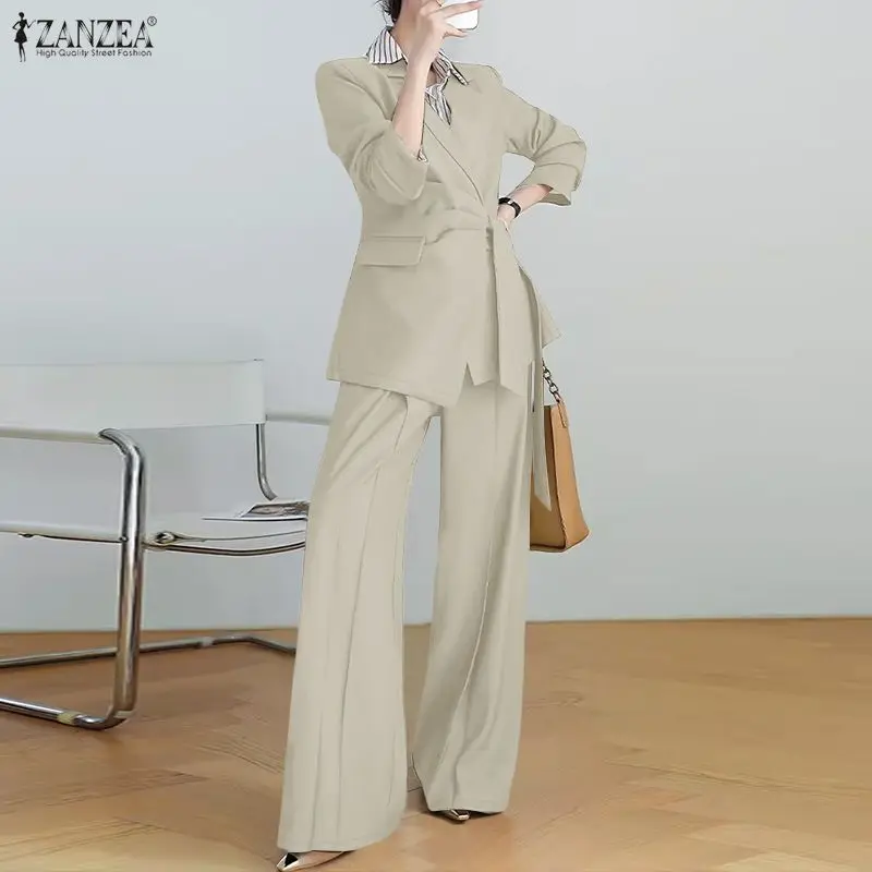 ZANZEA Women's Elegant Suits, Notch Lapel Long Sleeve Tie-Waist Blazer & Wide Leg Pants 2 Piece Sets Outfits, Effortless Clothes