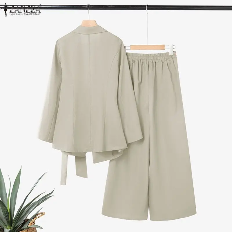 ZANZEA Women's Elegant Suits, Notch Lapel Long Sleeve Tie-Waist Blazer & Wide Leg Pants 2 Piece Sets Outfits, Effortless Clothes