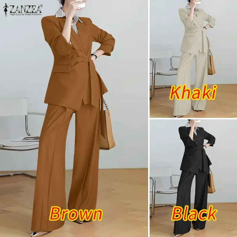 ZANZEA Women's Elegant Suits, Notch Lapel Long Sleeve Tie-Waist Blazer & Wide Leg Pants 2 Piece Sets Outfits, Effortless Clothes