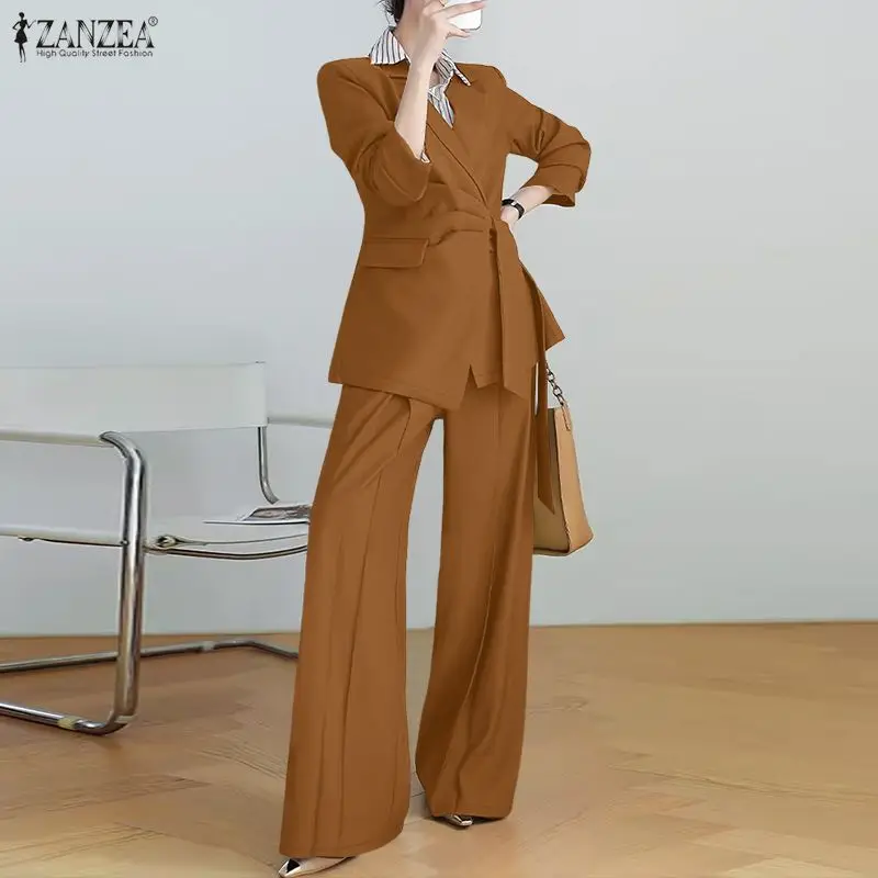 ZANZEA Women's Elegant Suits, Notch Lapel Long Sleeve Tie-Waist Blazer & Wide Leg Pants 2 Piece Sets Outfits, Effortless Clothes