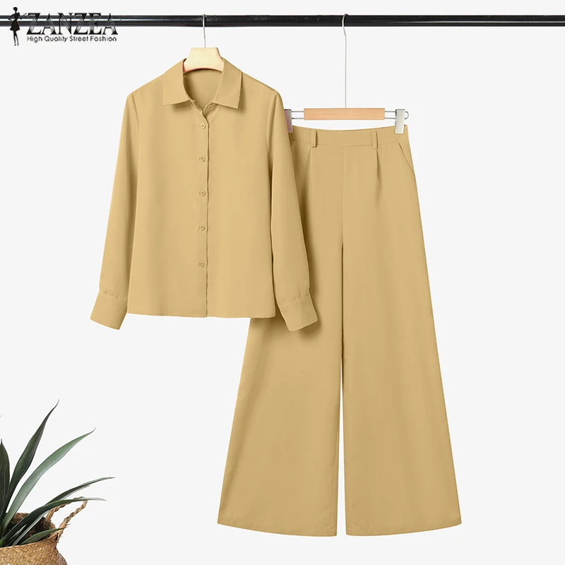 ZANZEA Street Fashion 2 Pieces Pant Sets Women 2025 Autumn Long Sleeve Shirt and Wide Leg Pants Suits Solid Color Commuting Wear