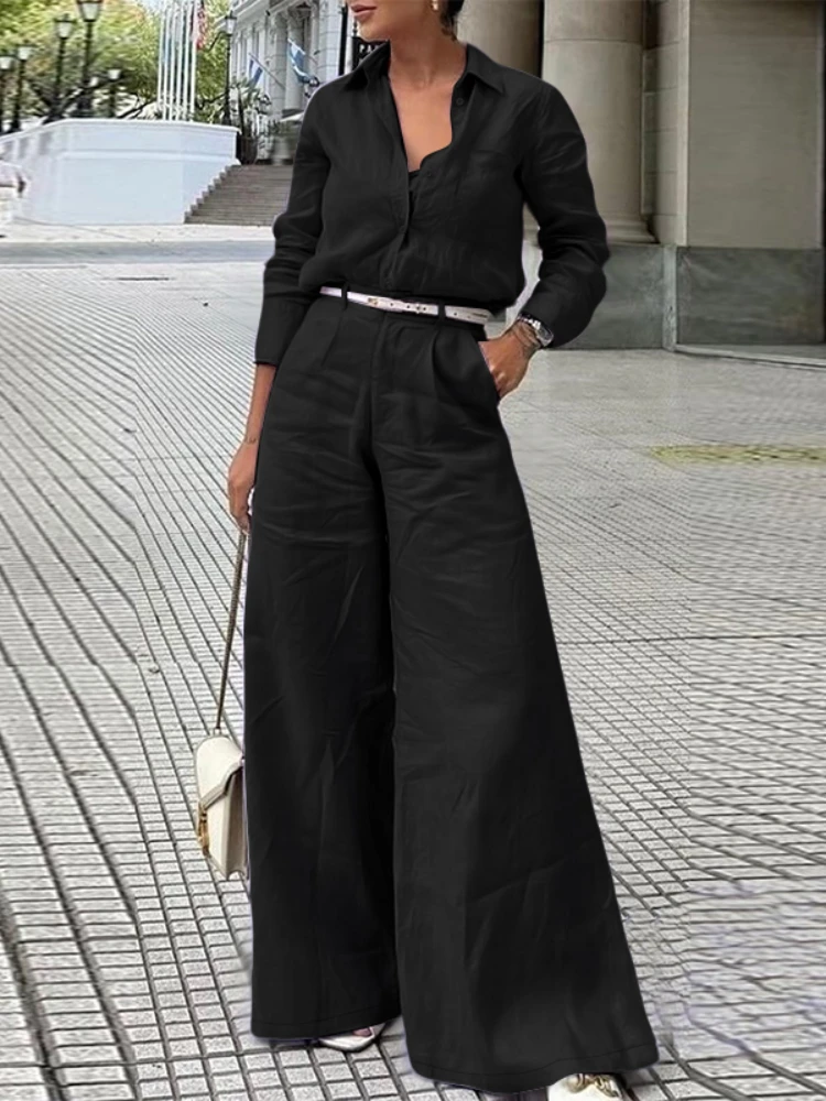 ZANZEA Street Fashion 2 Pieces Pant Sets Women 2025 Autumn Long Sleeve Shirt and Wide Leg Pants Suits Solid Color Commuting Wear
