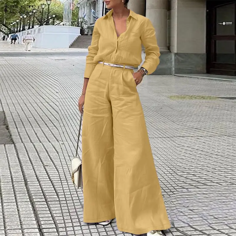 ZANZEA Street Fashion 2 Pieces Pant Sets Women 2025 Autumn Long Sleeve Shirt and Wide Leg Pants Suits Solid Color Commuting Wear