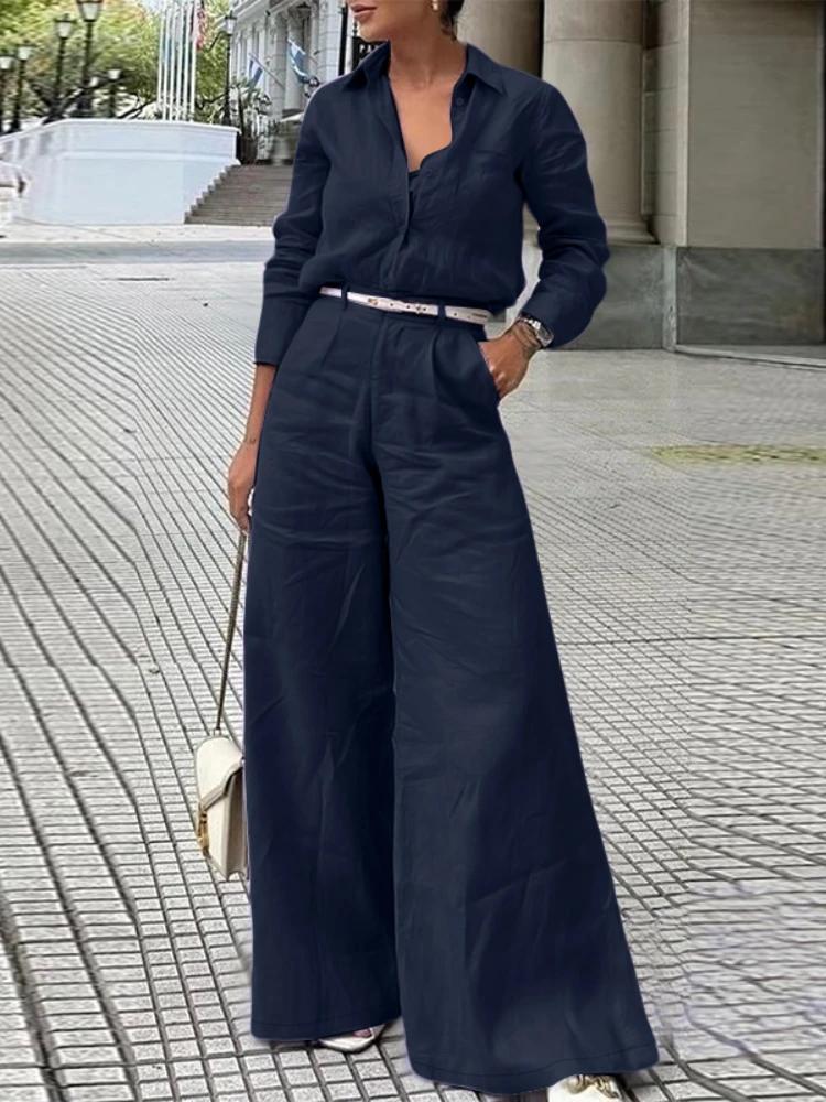 ZANZEA Street Fashion 2 Pieces Pant Sets Women 2025 Autumn Long Sleeve Shirt and Wide Leg Pants Suits Solid Color Commuting Wear
