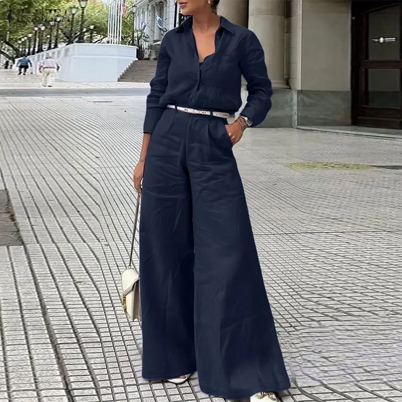 ZANZEA Street Fashion 2 Pieces Pant Sets Women 2025 Autumn Long Sleeve Shirt and Wide Leg Pants Suits Solid Color Commuting Wear