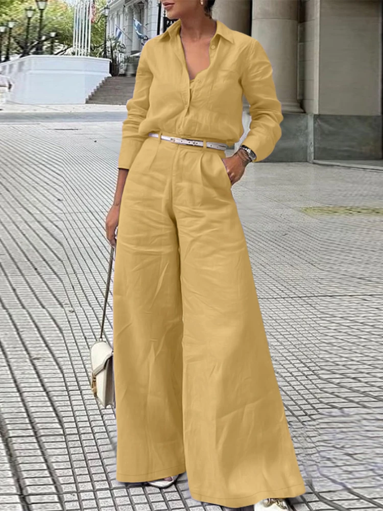 ZANZEA Street Fashion 2 Pieces Pant Sets Women 2025 Autumn Long Sleeve Shirt and Wide Leg Pants Suits Solid Color Commuting Wear