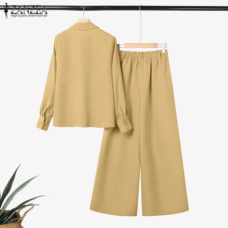ZANZEA Street Fashion 2 Pieces Pant Sets Women 2025 Autumn Long Sleeve Shirt and Wide Leg Pants Suits Solid Color Commuting Wear