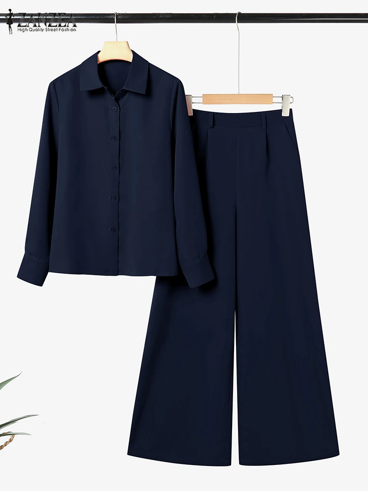 ZANZEA Street Fashion 2 Pieces Pant Sets Women 2025 Autumn Long Sleeve Shirt and Wide Leg Pants Suits Solid Color Commuting Wear