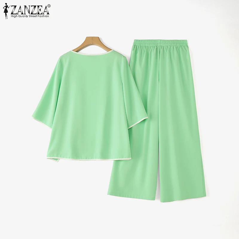 ZANZEA Stylish Asymmetric Design 2-Pieces Sets Loose 3/4 Sleeve Blouse & Wide Leg Pant 2pcs Suits Contrast-Piping Pant Sets