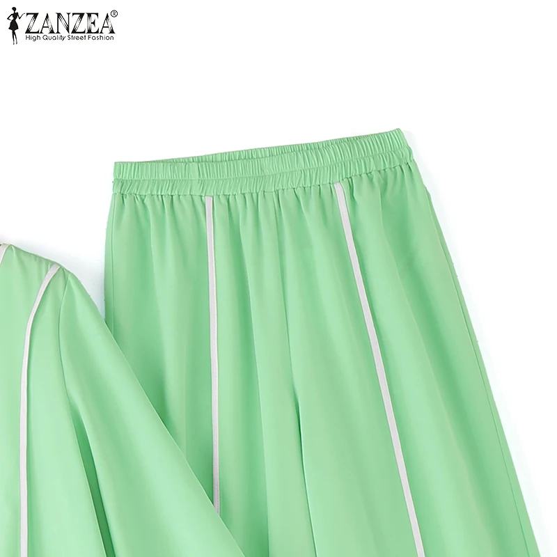 ZANZEA Stylish Asymmetric Design 2-Pieces Sets Loose 3/4 Sleeve Blouse & Wide Leg Pant 2pcs Suits Contrast-Piping Pant Sets