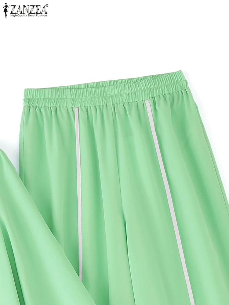 ZANZEA Stylish Asymmetric Design 2-Pieces Sets Loose 3/4 Sleeve Blouse & Wide Leg Pant 2pcs Suits Contrast-Piping Pant Sets