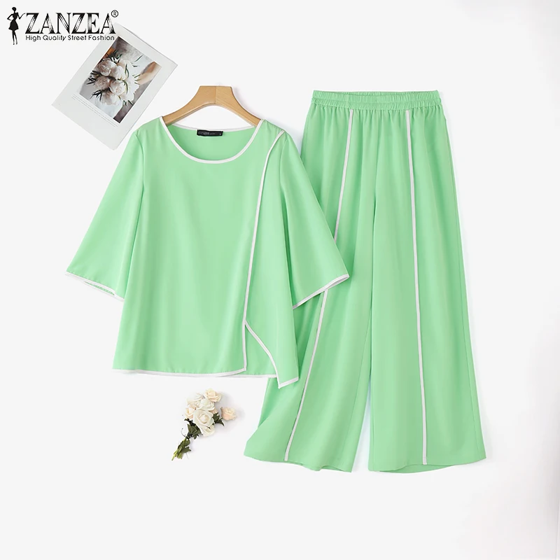 ZANZEA Stylish Asymmetric Design 2-Pieces Sets Loose 3/4 Sleeve Blouse & Wide Leg Pant 2pcs Suits Contrast-Piping Pant Sets