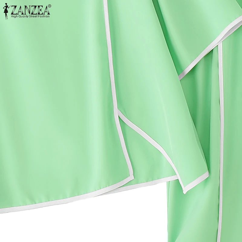 ZANZEA Stylish Asymmetric Design 2-Pieces Sets Loose 3/4 Sleeve Blouse & Wide Leg Pant 2pcs Suits Contrast-Piping Pant Sets