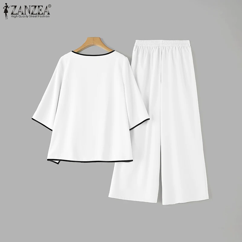 ZANZEA Stylish Asymmetric Design 2-Pieces Sets Loose 3/4 Sleeve Blouse & Wide Leg Pant 2pcs Suits Contrast-Piping Pant Sets