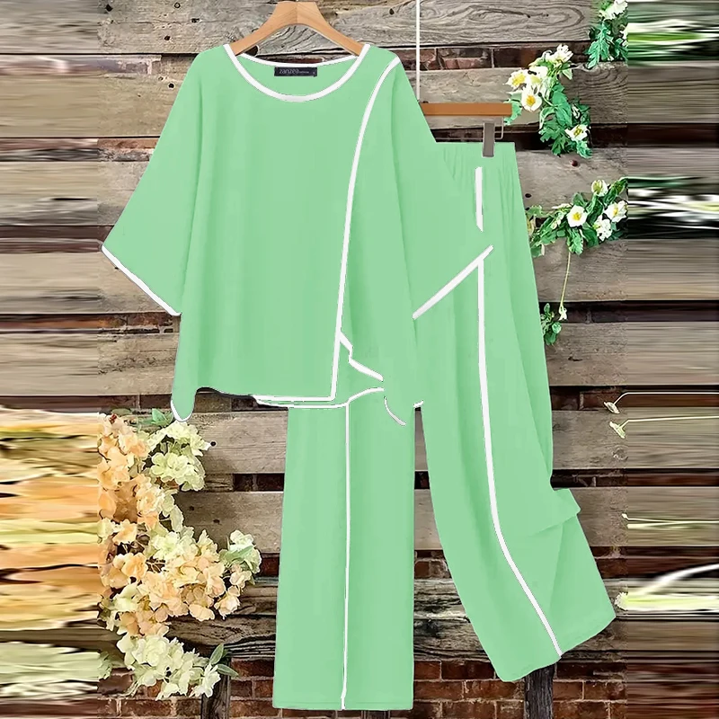 ZANZEA Stylish Asymmetric Design 2-Pieces Sets Loose 3/4 Sleeve Blouse & Wide Leg Pant 2pcs Suits Contrast-Piping Pant Sets