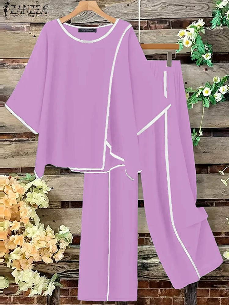 ZANZEA Stylish Asymmetric Design 2-Pieces Sets Loose 3/4 Sleeve Blouse & Wide Leg Pant 2pcs Suits Contrast-Piping Pant Sets