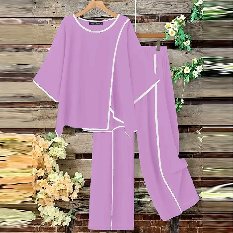 ZANZEA Stylish Asymmetric Design 2-Pieces Sets Loose 3/4 Sleeve Blouse & Wide Leg Pant 2pcs Suits Contrast-Piping Pant Sets