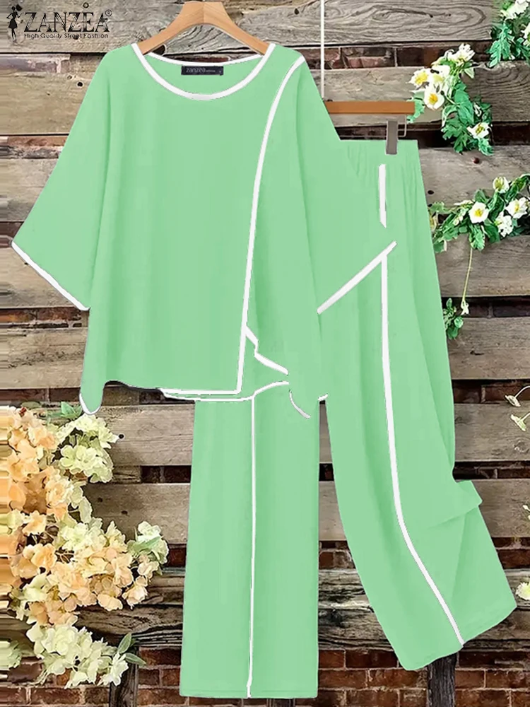 ZANZEA Stylish Asymmetric Design 2-Pieces Sets Loose 3/4 Sleeve Blouse & Wide Leg Pant 2pcs Suits Contrast-Piping Pant Sets