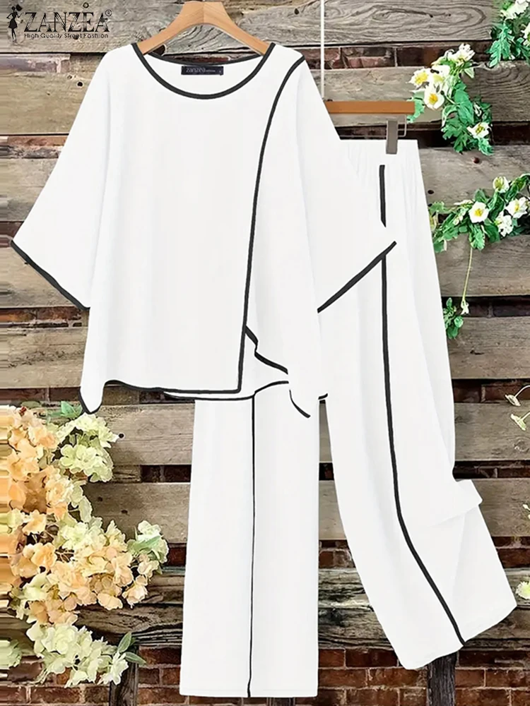 ZANZEA Stylish Asymmetric Design 2-Pieces Sets Loose 3/4 Sleeve Blouse & Wide Leg Pant 2pcs Suits Contrast-Piping Pant Sets
