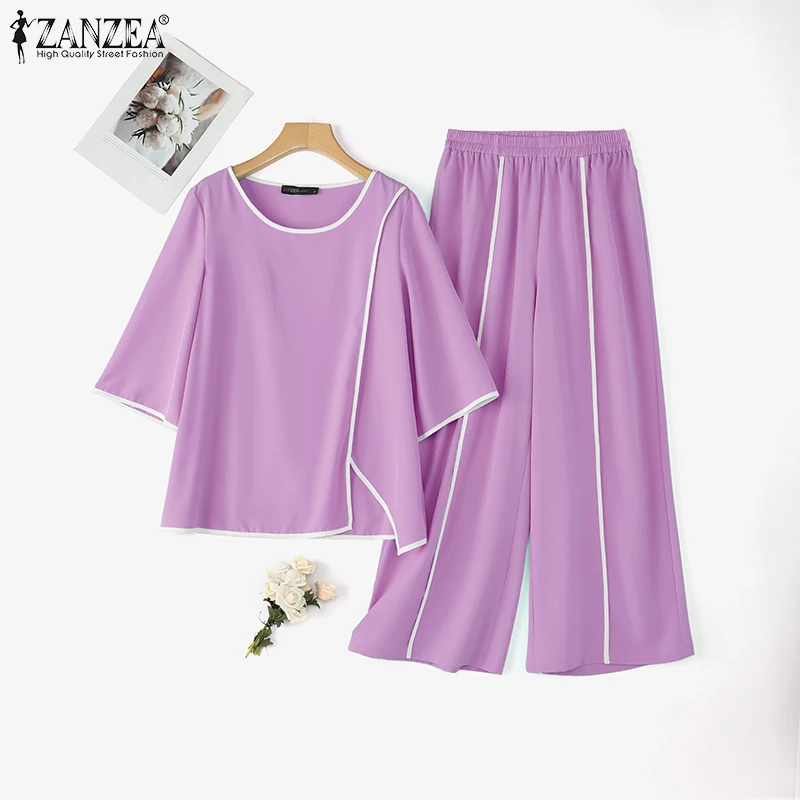 ZANZEA Stylish Asymmetric Design 2-Pieces Sets Loose 3/4 Sleeve Blouse & Wide Leg Pant 2pcs Suits Contrast-Piping Pant Sets