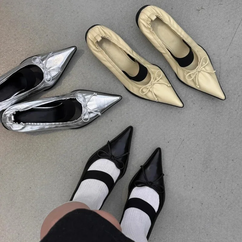 Luxury Designer Strange Heel Modern Single Shoes Women Pointed Toe Butterfly Knot Retro Ballet Shoes All Match Casual Pumps New