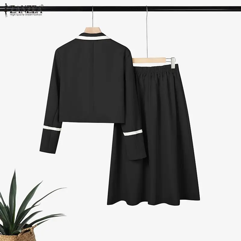 ZANZEA Women's Elegant Office Blazer Suits Contrast-Color Lapel Short Blazer & Midi Skirts 2 Pieces Sets Outfit Chic Skirt Suits
