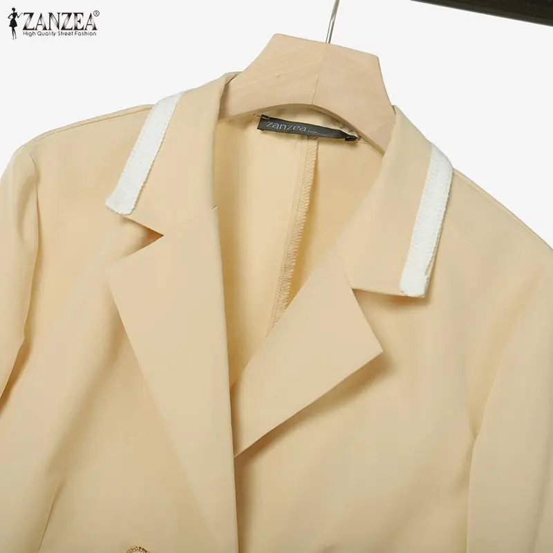 ZANZEA Women's Elegant Office Blazer Suits Contrast-Color Lapel Short Blazer & Midi Skirts 2 Pieces Sets Outfit Chic Skirt Suits