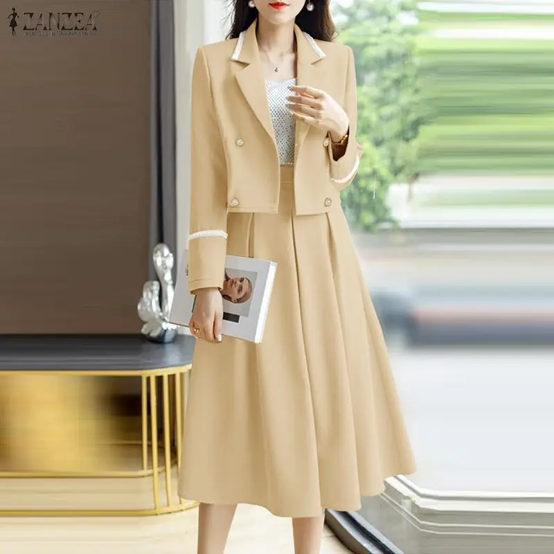 ZANZEA Women's Elegant Office Blazer Suits Contrast-Color Lapel Short Blazer & Midi Skirts 2 Pieces Sets Outfit Chic Skirt Suits