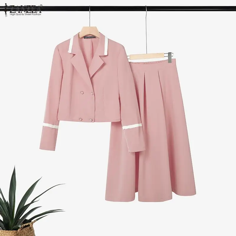 ZANZEA Women's Elegant Office Blazer Suits Contrast-Color Lapel Short Blazer & Midi Skirts 2 Pieces Sets Outfit Chic Skirt Suits