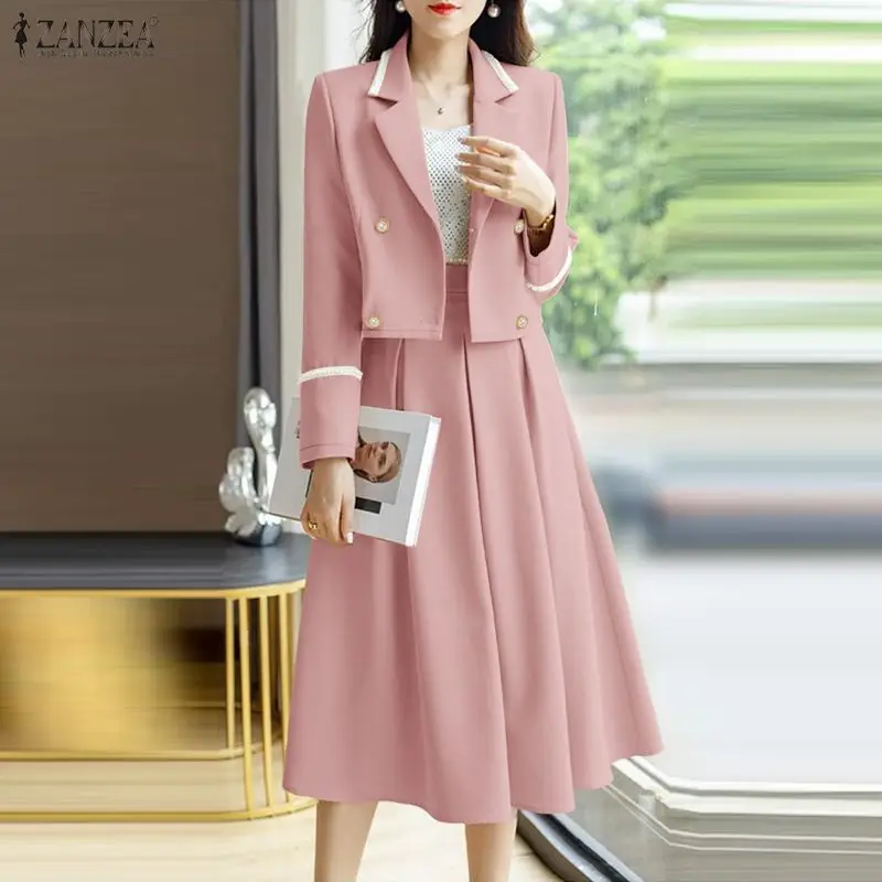ZANZEA Women's Elegant Office Blazer Suits Contrast-Color Lapel Short Blazer & Midi Skirts 2 Pieces Sets Outfit Chic Skirt Suits