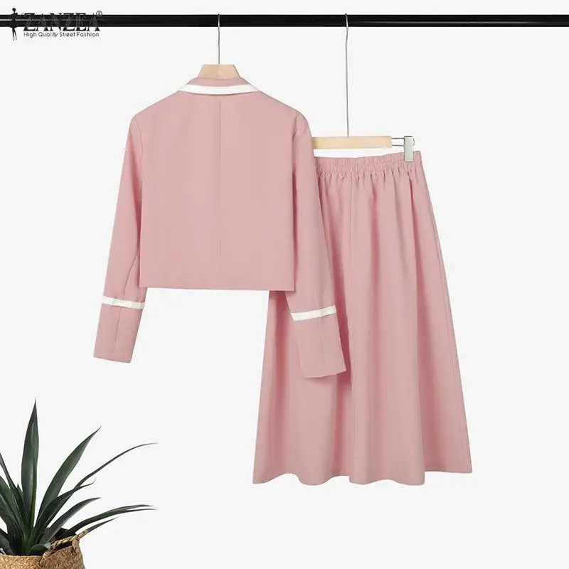 ZANZEA Women's Elegant Office Blazer Suits Contrast-Color Lapel Short Blazer & Midi Skirts 2 Pieces Sets Outfit Chic Skirt Suits