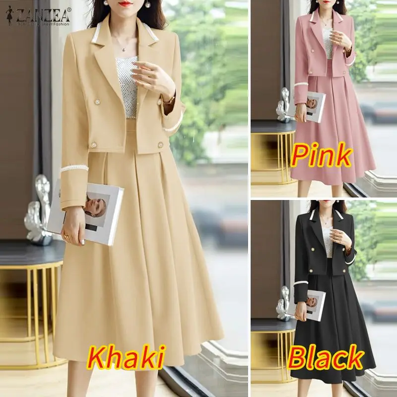ZANZEA Women's Elegant Office Blazer Suits Contrast-Color Lapel Short Blazer & Midi Skirts 2 Pieces Sets Outfit Chic Skirt Suits