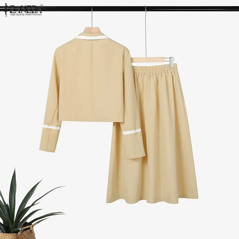 ZANZEA Women's Elegant Office Blazer Suits Contrast-Color Lapel Short Blazer & Midi Skirts 2 Pieces Sets Outfit Chic Skirt Suits